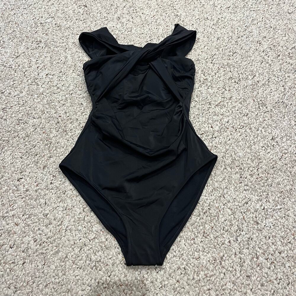 NEW Boden Bardot Wrap Swimsuit US 8 Black Classic Beach Coastal Casual